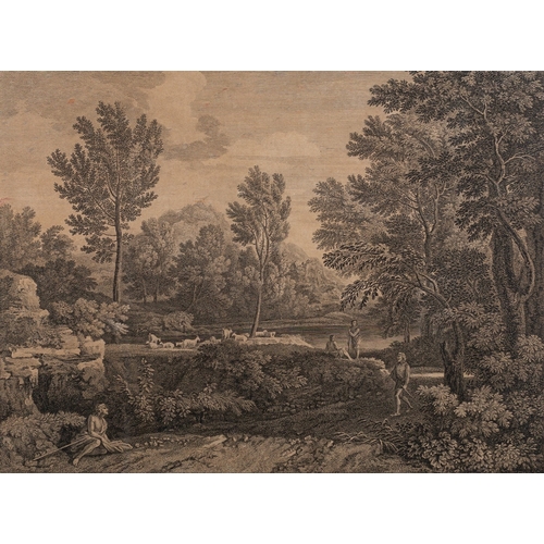 627 - After Gaspard Dughet (French, 1615-1675) Idealised classical landscape with staffage Engraving 29.5 ... 