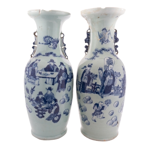 63 - A pair of Chinese celadon ground baluster vases with lion-dog handles, decorated in blue with figure... 