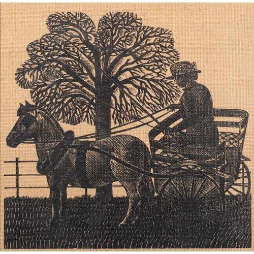 631 - Eric Ravillious (British, 1903-1942) Lady in a horse cart Woodcut on hessian 30.5 x 31cm