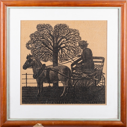 631 - Eric Ravillious (British, 1903-1942) Lady in a horse cart Woodcut on hessian 30.5 x 31cm