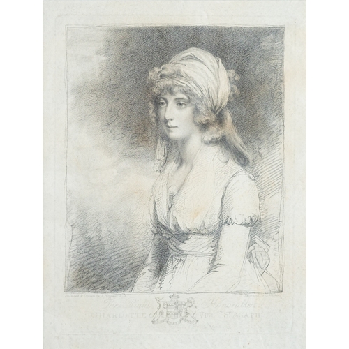 649 - After Richard Cosway (British, 1742-1821) Mrs Tickell Stipple engraving 27.5 x 19.5cm Together with ... 