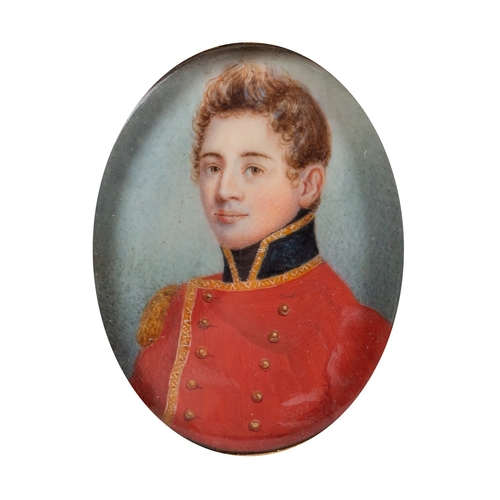 665 - British School, 19th Century A portrait miniature of an Officer in a red tunic, blue collar and whit... 