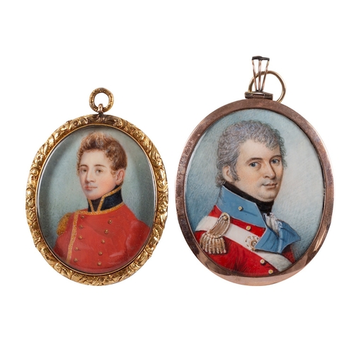 665 - British School, 19th Century A portrait miniature of an Officer in a red tunic, blue collar and whit... 