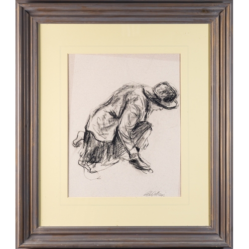 672 - G. Williams (British, 20th Century) A woman tying her shoe Charcoal 42 x 33cm Signed lower right