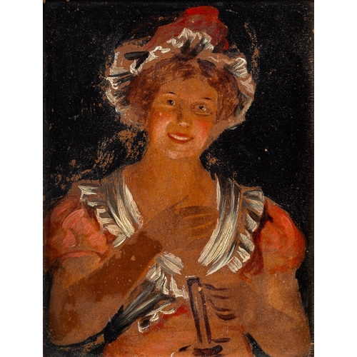 675 - Continental School, 19th Century A lady holding a candle lamp Oil on panel  12 x 9 cm