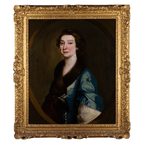 679 - British School, 18th Century Portrait of a young woman in a blue dress wearing a fur stole, previous... 