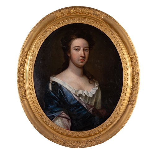 694 - Circle of Godfrey Kneller (British, 1646-1723) Portrait of a lady in a blue dress with white sash, O... 