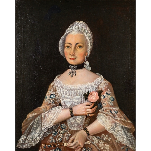 697 - Continental School, 18th Century A woman in a lace bonnet holding  a flower and a fan Oil on canvas ... 