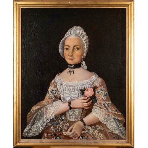 697 - Continental School, 18th Century A woman in a lace bonnet holding  a flower and a fan Oil on canvas ... 