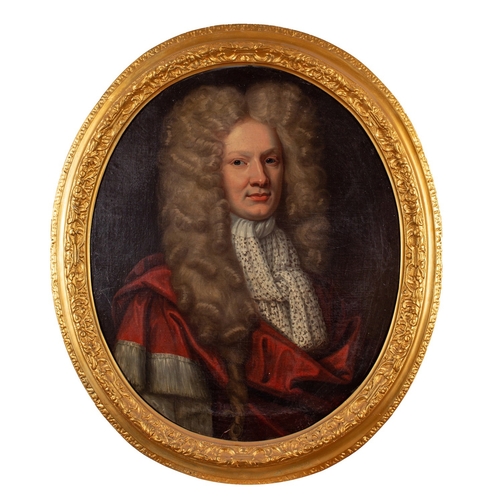 698 - Continental School, 18th Century Portrait of a gentleman with a grey wig in a red silk cloak Oil on ... 