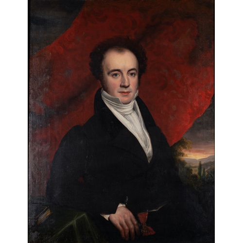 711 - British School, 19th Century Portrait of a gentleman in a white cravat and black coat seated in fron... 