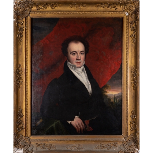 711 - British School, 19th Century Portrait of a gentleman in a white cravat and black coat seated in fron... 