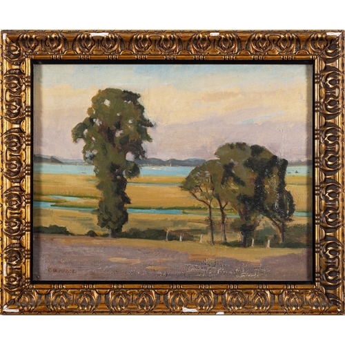 724 - E.M. Pierce (British, 20th century) A view to the river Oil on board 27 x 35cm Signed lower left