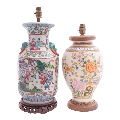 73 - Two decorative table lamps, one porcelain example decorated in the Canton palette with panels of fig... 