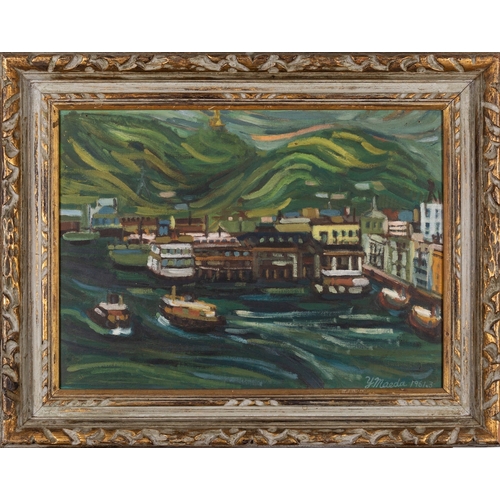 730 - Y. Maeda (Japanese, 20th Century) A busy harbour scene Oil on canvas 32.5 x 44.5cm Signed lower righ... 