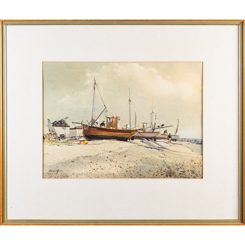 741 - Brian Hayes (British, 20th Century) Beached fishing boats at Budleigh Watercolour 30 x 41.5cm Togeth... 