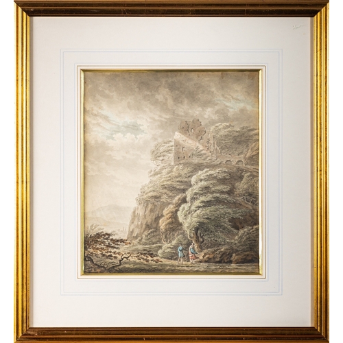 745 - Adrian Jacob Van Dielen (Dutch, 1772-1812) Figures in a stormy upland landscape, with ruins on a hil... 