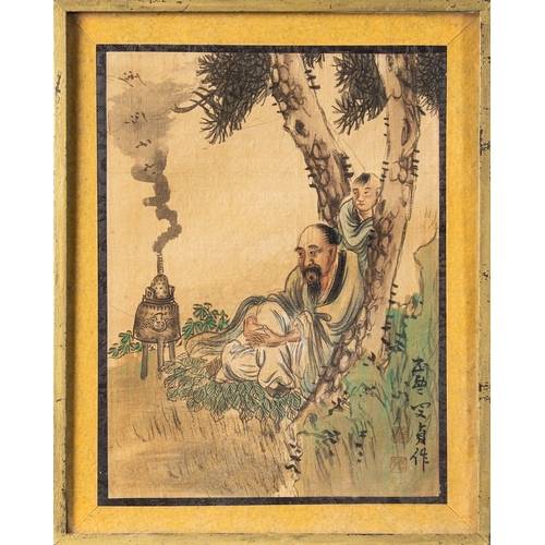 749 - Chinese School, 19th Century Old men A pair of watercolours on silk  Each 23.5 x 17.5cm