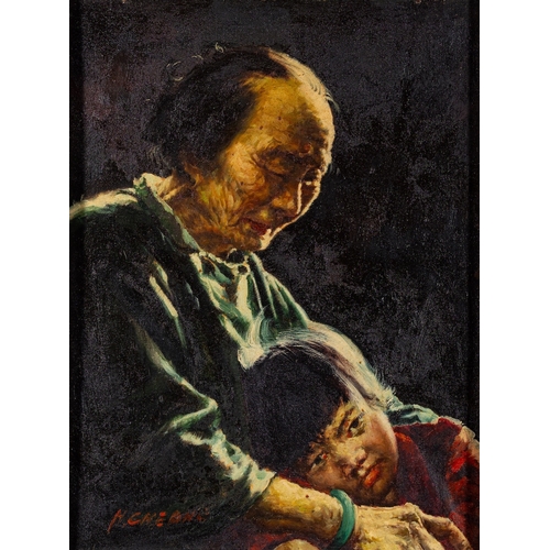 754 - H.Cheang (Chinese, 1910 -1980?) A lady and child and a man smoking a pipe Pair of oils on canvas Eac... 