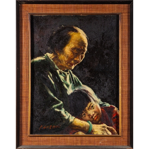 754 - H.Cheang (Chinese, 1910 -1980?) A lady and child and a man smoking a pipe Pair of oils on canvas Eac... 