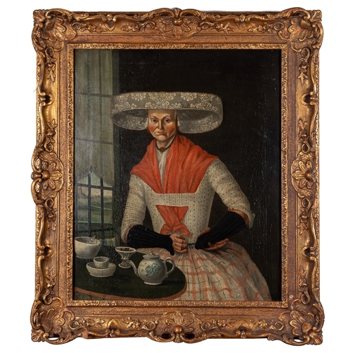 762 - Continental School, 17th Century Portrait of a lady in a wide-brimmed hat, at a tea table Oil on can... 