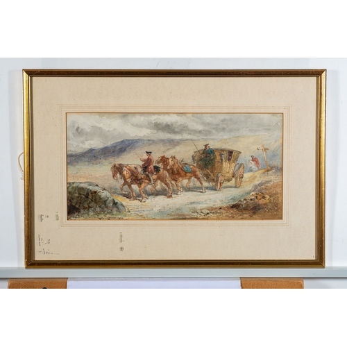 777 - Charles Cattermole (British, 1832-1900) Coach and horses in a gale Watercolour 18.5 x 37cm Signed bo... 