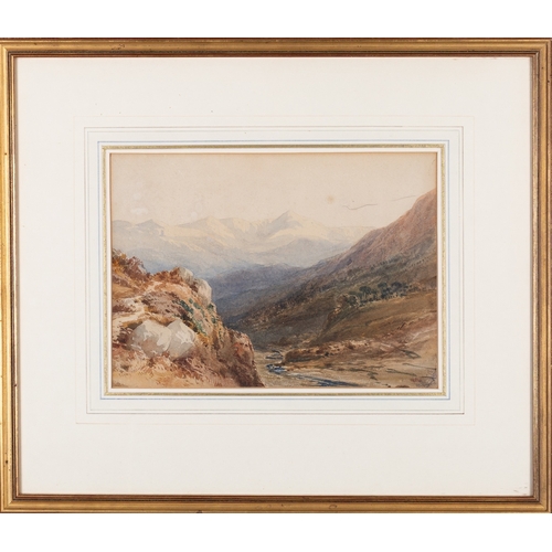 787 - Copley Fielding (British, 1787-1855) A mountainous landscape with a rocky outcrop in the foreground ... 