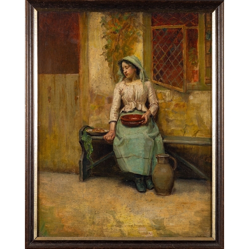 790 - British School, 19th Century A seated, sleeping woman outside a cottage, holding earthenware plates.... 