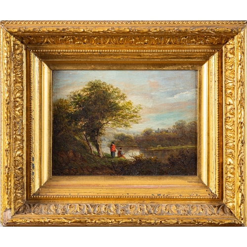 799 - British School (19th Century) A couple in 17th-century costume fishing in the river under a tree Oil... 