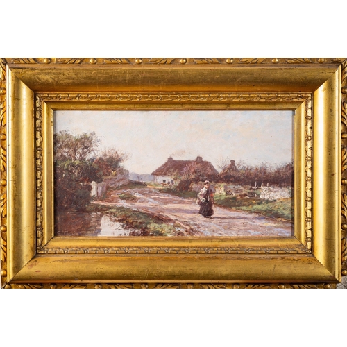 800 - British School (late19th Century) Woman walking on a path among cottages in a village Oil on canvas ... 