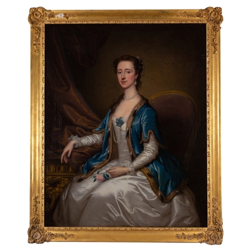 807 - Continental School, 18th Century Portrait of a lady, seated, wearing a white  silk dress and blue co... 