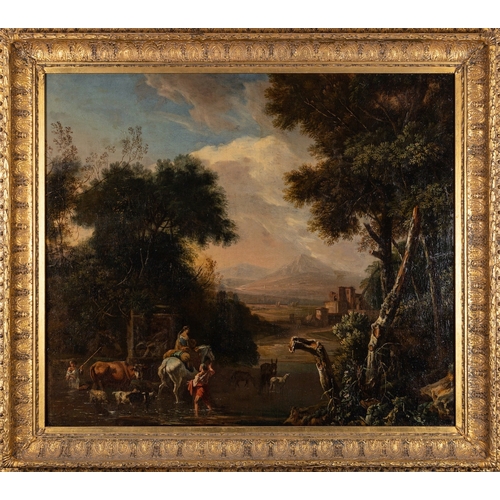 808 - Follower of Adam Pynacker (Dutch, 1622-1673) Italianate landscape with figures and animals fording a... 