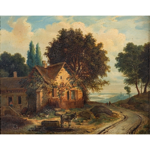 812 - British School, 19th Century A rural view with cows by a pond and a cottage in a distance Oil on can... 