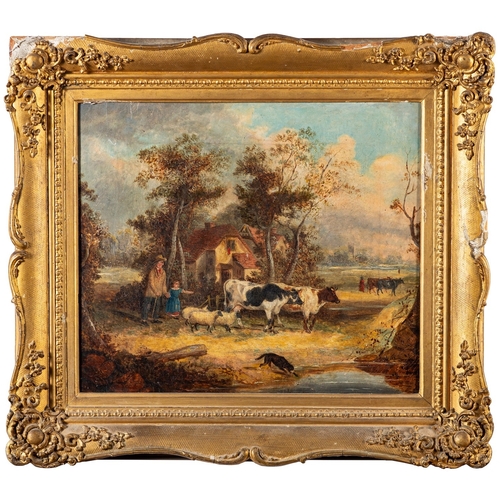 812 - British School, 19th Century A rural view with cows by a pond and a cottage in a distance Oil on can... 