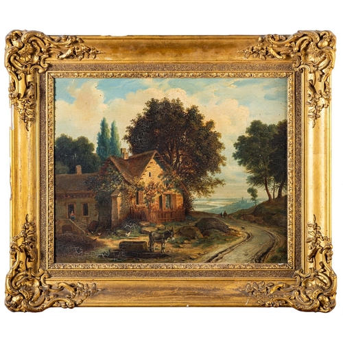 812 - British School, 19th Century A rural view with cows by a pond and a cottage in a distance Oil on can... 