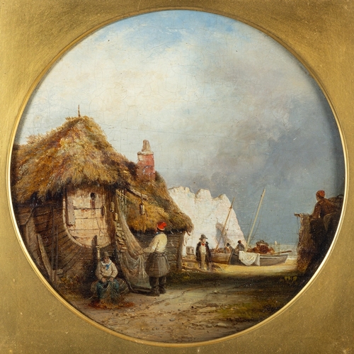 813 - British School, 19th Century A fishermen's village Oil on panel 29 x 29cm (Tondo)