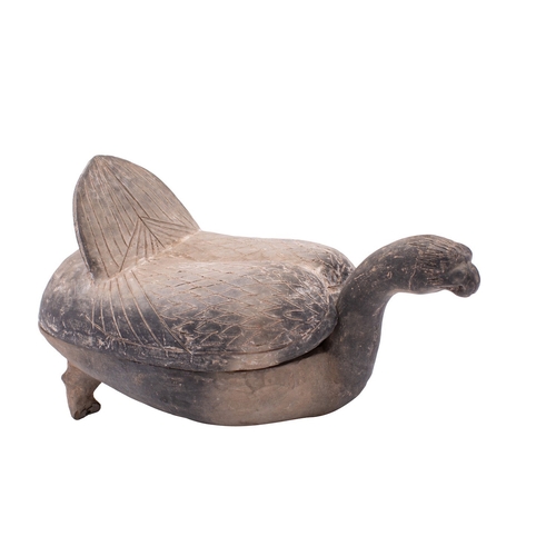 82 - An Egyptian Tell el-Yahudiyeh grey pottery duck vessel and cover with incised plumage and tail, the ... 