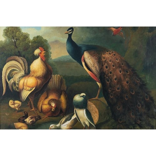 820 - Chinese School, Contemporary Reproduced paintings of peacocks, chicks, and other birds Two oils on c... 