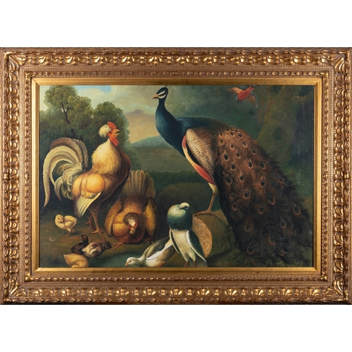 820 - Chinese School, Contemporary Reproduced paintings of peacocks, chicks, and other birds Two oils on c... 