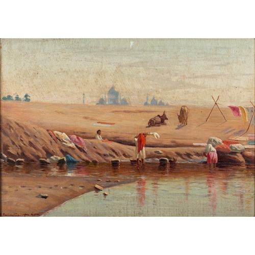 845 - F. Swinnerton (British, early 20th Century) Views of Agra with Taj Mahal in the distance Two oils on... 