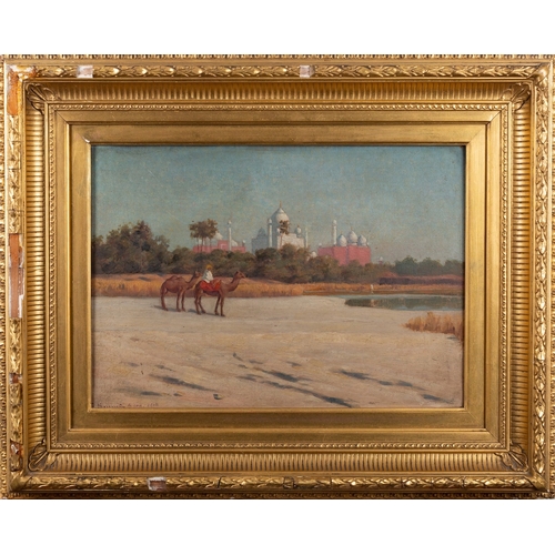 845 - F. Swinnerton (British, early 20th Century) Views of Agra with Taj Mahal in the distance Two oils on... 