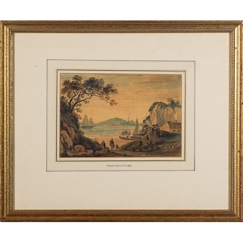 853 - Attributed to Thomas Girtin (British, 1775-1802) A seashore scene with fishermen in the foreground W... 