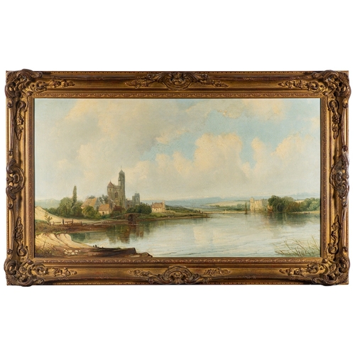 854 - A.M. Vickers (British, 19th Century) View of a lake with a church and castle beyond, possibly in Swi... 