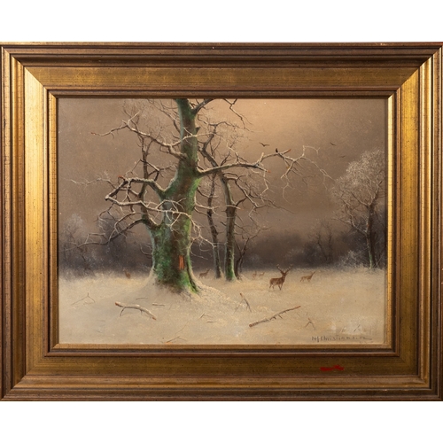 857 - Nils Hans Christiansen (Danish, 1850-1922) Deer in winter forest Oil on board 28.5 x 39cm  Signed lo... 