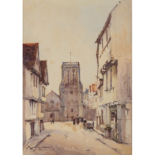 867 - Charles Eyres Simmons (British,1902-1914)  A Continental town centre with a view of the church, A se... 