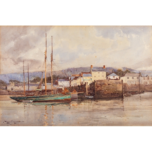 868 - Charles Eyres Simmons (British,1902-1914)  Fishing boats moored in a harbour and a gaff rigged vesse... 