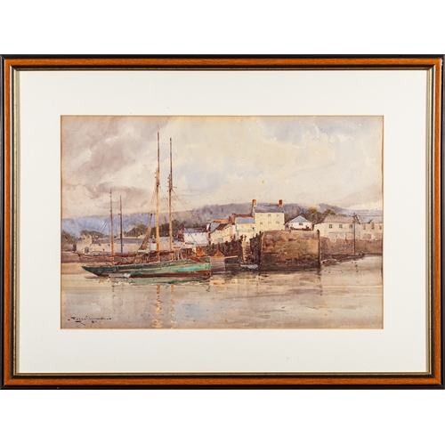 868 - Charles Eyres Simmons (British,1902-1914)  Fishing boats moored in a harbour and a gaff rigged vesse... 