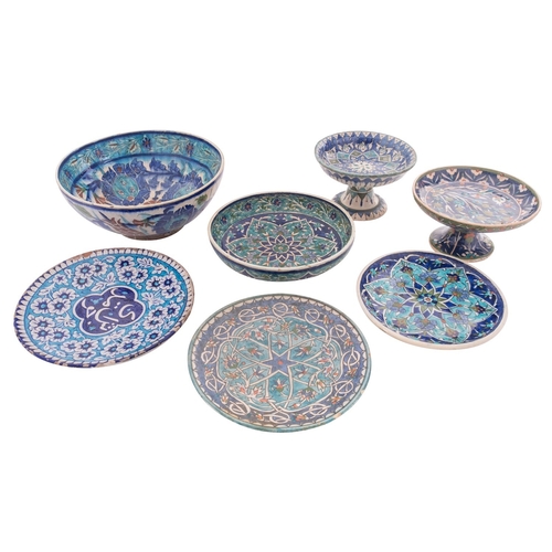 87 - A group of Isnik inspired pottery, comprising a Multan plate and two others, two comports and two bo... 