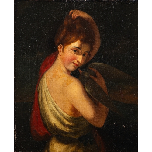 875 - In the style of George Romney (British, 1734 -1802) A young girl holding a bird Oil on canvas 29 x 2... 