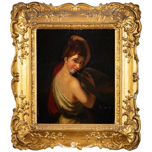 875 - In the style of George Romney (British, 1734 -1802) A young girl holding a bird Oil on canvas 29 x 2... 